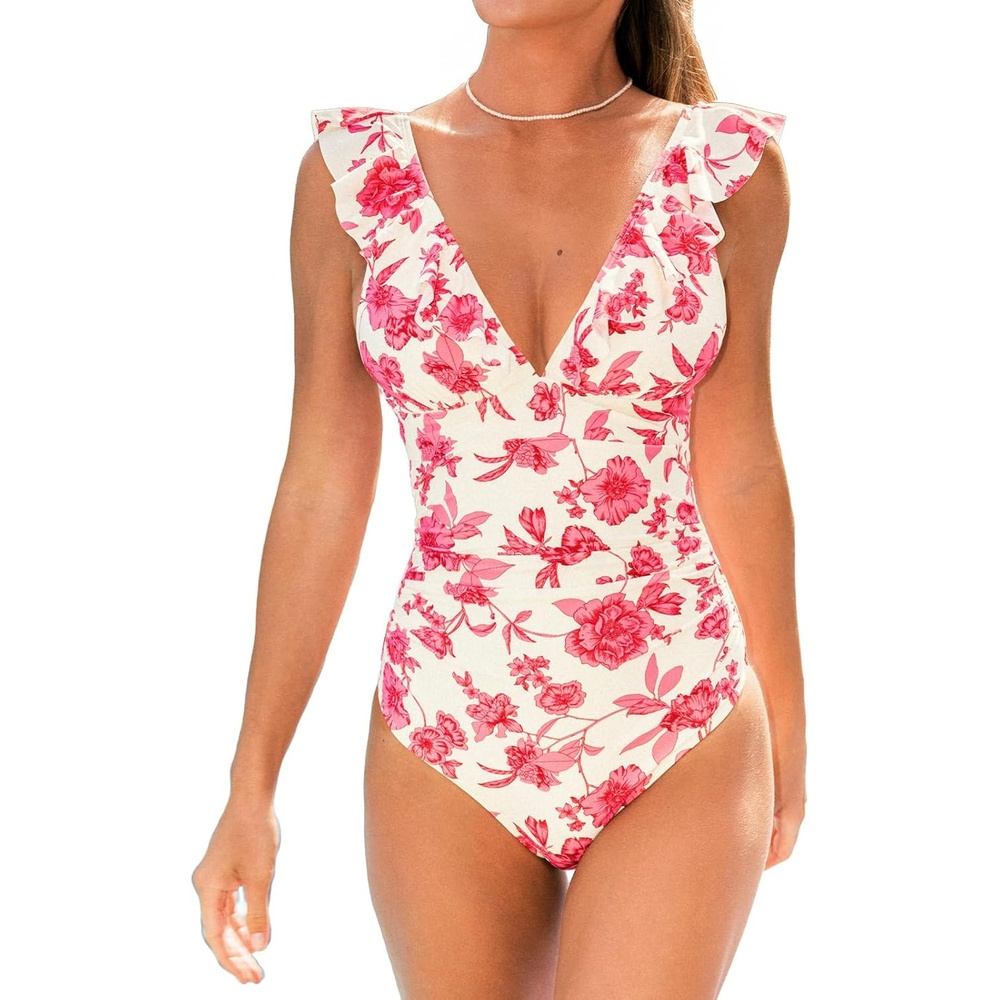image:imageCUPSHE Womens Ruffled One Piece Swimsuit V Neck Lace UpCreamRed Floral