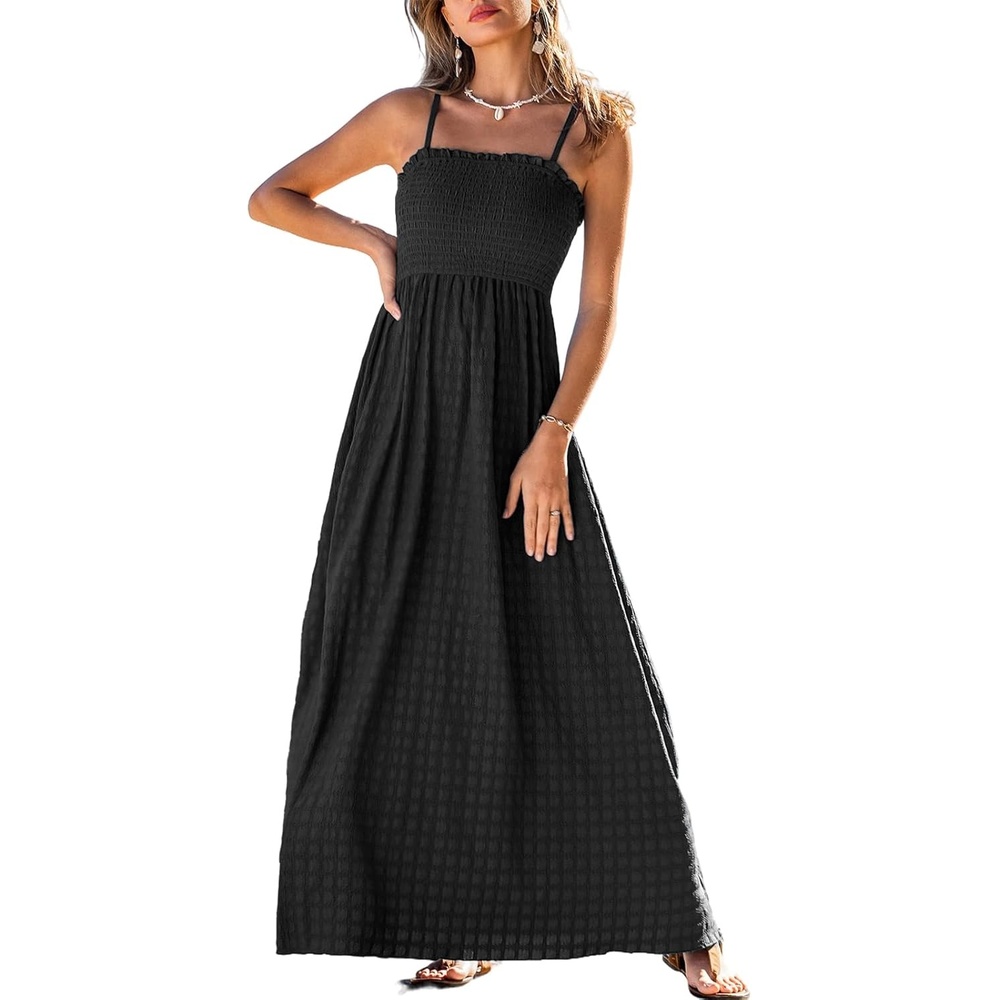 image:imageCUPSHE Womens Summer Beach Vacation Dress Boho Smocked Maxi Sundress Casual Long Flowy Spaghetti Strap DressesBlack