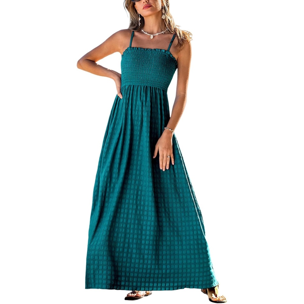 image:imageCUPSHE Womens Summer Beach Vacation Dress Boho Smocked Maxi Sundress Casual Long Flowy Spaghetti Strap DressesGreen