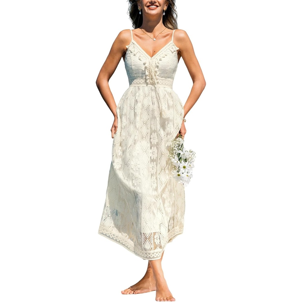 image:imageCUPSHE Womens Summer Boho Lace Maxi Dress V Neck Spaghetti Strap Sleeveless Flowy Beach Vacation Sundress with TasselBeige