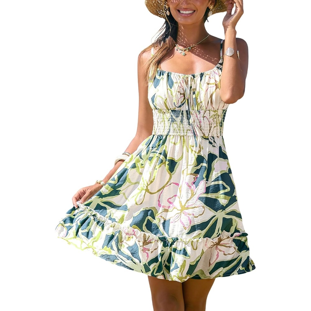image:imageCUPSHE Womens Summer Dresses Floral Square Neck Tie Front Sleeveless Smocked Vacation Mini DressGreen