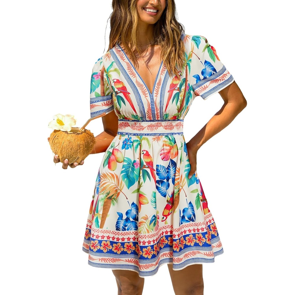 image:imageCUPSHE Womens Summer Dresses Tropical Resort Outfits V Neck Short Sleeve Smocked Boho Mini DressBlue