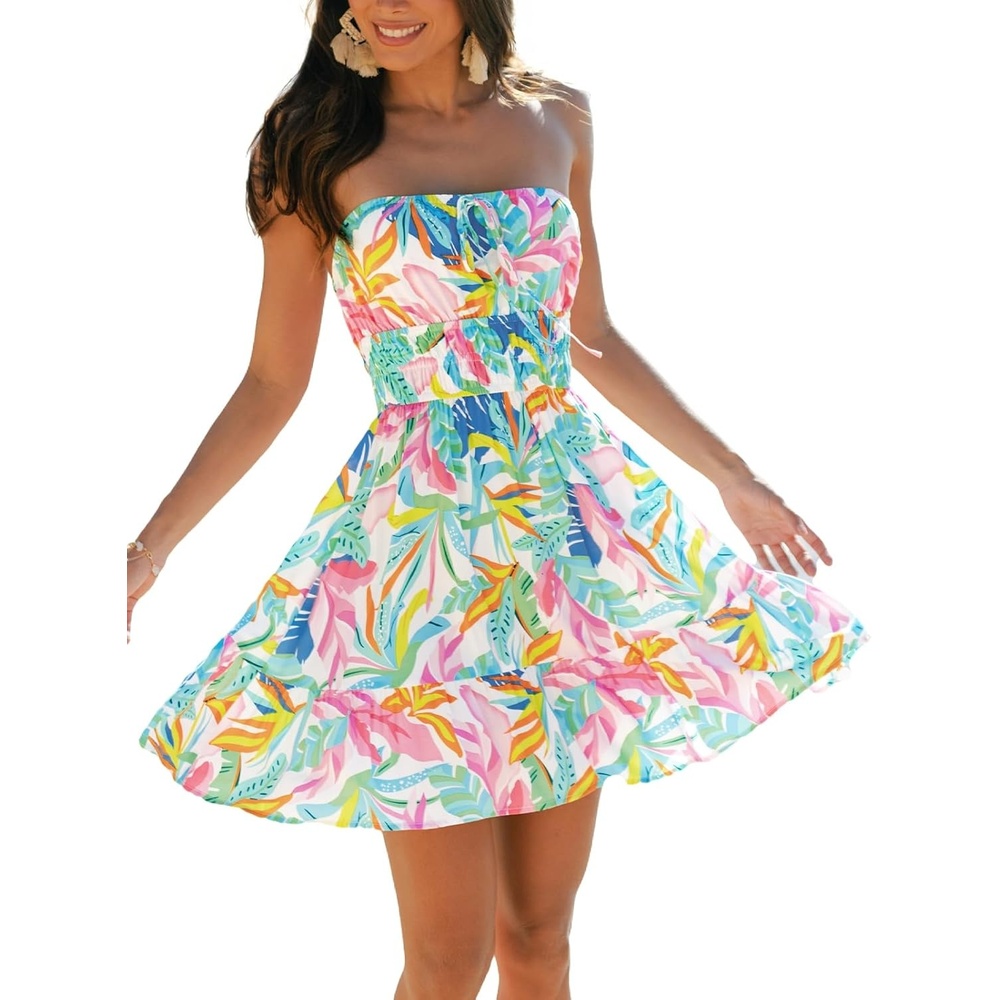 image:imageCUPSHE Womens Tropical Floral Tube Dress Strapless Beach Mini Sundress Smocked Waist Tie Front Summer Short DressPink Green