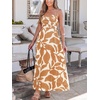 CUPSHE Summer Maxi Dress for Women Casual Beach Vacation Dress Spaghetti Strap Ruched Sleeveless Sundress A Line Resort Wear(Khaki Abstract)