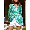 CUPSHE Women Mini Summer Dress Cover Up Oversize Floral Shirt 3/4 Sleeve Cuff Tie Button Down Beach Dresses Cover Up Top(Emerald Green Tropical)
