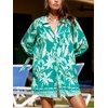 CUPSHE Women Mini Summer Dress Cover Up Oversize Floral Shirt 3/4 Sleeve Cuff Tie Button Down Beach Dresses Cover Up Top(Emerald Green Tropical)