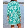 CUPSHE Women Mini Summer Dress Cover Up Oversize Floral Shirt 3/4 Sleeve Cuff Tie Button Down Beach Dresses Cover Up Top(Emerald Green Tropical)