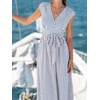 CUPSHE Women Striped Summer Dress V Neck Short Sleeve Smocked Waist Belted Midi Dress Casual Vacation Beach Sun Dress(Navy Blue)