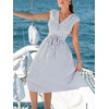 CUPSHE Women Striped Summer Dress V Neck Short Sleeve Smocked Waist Belted Midi Dress Casual Vacation Beach Sun Dress(Navy Blue)