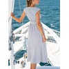 CUPSHE Women Striped Summer Dress V Neck Short Sleeve Smocked Waist Belted Midi Dress Casual Vacation Beach Sun Dress(Navy Blue)