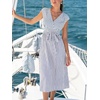 CUPSHE Women Striped Summer Dress V Neck Short Sleeve Smocked Waist Belted Midi Dress Casual Vacation Beach Sun Dress(Navy Blue)