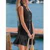 CUPSHE Women Summer Dress Notched V Neck Front Button Denim Dress Sleeveless Ruffle Hem Beach Vacation Mini Sun Dress(Black)
