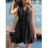 CUPSHE Women Summer Dress Notched V Neck Front Button Denim Dress Sleeveless Ruffle Hem Beach Vacation Mini Sun Dress(Black)