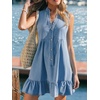 CUPSHE Women Summer Dress Notched V Neck Front Button Denim Dress Sleeveless Ruffle Hem Beach Vacation Mini Sun Dress(Blue)