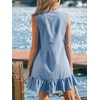 CUPSHE Women Summer Dress Notched V Neck Front Button Denim Dress Sleeveless Ruffle Hem Beach Vacation Mini Sun Dress(Blue)