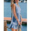 CUPSHE Women Summer Dress Notched V Neck Front Button Denim Dress Sleeveless Ruffle Hem Beach Vacation Mini Sun Dress(Blue)