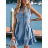 CUPSHE Women Summer Dress Notched V Neck Front Button Denim Dress Sleeveless Ruffle Hem Beach Vacation Mini Sun Dress(Blue)