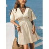 CUPSHE Women Summer Dress Striped V Neck Smocked Waist Front Buttons Sun Dress Casual Vacation Beach Short Mini Dress(Khaki Striped)