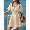 CUPSHE Women Summer Dress Striped V Neck Smocked Waist Front Buttons Sun Dress Casual Vacation Beach Short Mini Dress(Khaki Striped)