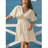 CUPSHE Women Summer Dress Striped V Neck Smocked Waist Front Buttons Sun Dress Casual Vacation Beach Short Mini Dress(Khaki Striped)