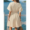 CUPSHE Women Summer Dress Striped V Neck Smocked Waist Front Buttons Sun Dress Casual Vacation Beach Short Mini Dress(Khaki Striped)