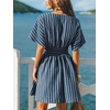 CUPSHE Women Summer Dress Striped V Neck Smocked Waist Front Buttons Sun Dress Casual Vacation Beach Short Mini Dress(Navy Blue)