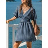 CUPSHE Women Summer Dress Striped V Neck Smocked Waist Front Buttons Sun Dress Casual Vacation Beach Short Mini Dress(Navy Blue)