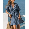 CUPSHE Women Summer Dress Striped V Neck Smocked Waist Front Buttons Sun Dress Casual Vacation Beach Short Mini Dress(Navy Blue)