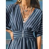 CUPSHE Women Summer Dress Striped V Neck Smocked Waist Front Buttons Sun Dress Casual Vacation Beach Short Mini Dress(Navy Blue)