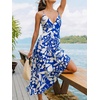 CUPSHE Women Summer Maxi Dress Floral Spaghetti Strap Deep V Neck Backless Smocked Casual Beach Vacation Boho Outfit(Blue)