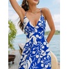CUPSHE Women Summer Maxi Dress Floral Spaghetti Strap Deep V Neck Backless Smocked Casual Beach Vacation Boho Outfit(Blue)