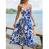 CUPSHE Women Summer Maxi Dress Floral Spaghetti Strap Deep V Neck Backless Smocked Casual Beach Vacation Boho Outfit(Blue)