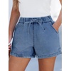 CUPSHE Women’s Denim Shorts Drawstring Smocked Waist Frayed Cuff Relaxed Casual Summer Bottom(Blue)