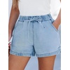 CUPSHE Women’s Denim Shorts Drawstring Smocked Waist Frayed Cuff Relaxed Casual Summer Bottom(Light Blue)