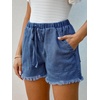 CUPSHE Women’s Denim Shorts Drawstring Smocked Waist Frayed Hem Casual Summer(Dark Blue)