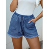CUPSHE Women’s Denim Shorts Drawstring Smocked Waist Frayed Hem Casual Summer(Dark Blue)