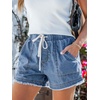 CUPSHE Women’s Denim Shorts Smocked Waist Drawstring Rolled Hem Pocket Casual Summer Vacation(Blue)