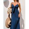 CUPSHE Women’s Formal Summer Maxi Dress Spaghetti Strap V Neck Smocked Tie Knot Sundress Flowy Elegant Wedding Guest Dress(Blue)