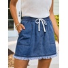 CUPSHE Women’s High Waist Denim Mini Skirts Drawstring Elastic Waist Frayed Hem Casual Summer Short Skirt(Dark Blue)