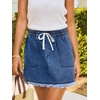 CUPSHE Women’s High Waist Denim Mini Skirts Drawstring Elastic Waist Frayed Hem Casual Summer Short Skirt(Dark Blue)