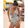 CUPSHE Women’s One Piece Swimsuit Deep V Neck Keyhole Cutout O Ring Textured Bathing Suit(Khaki/Leopard)