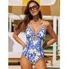 CUPSHE Women’s One Piece Swimsuit Plunging V Neck Shell Stitch Bathing Suit Self Tie Adjustable Cutouts Swimwear(Azure Blue/Floral)