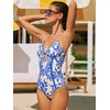CUPSHE Women’s One Piece Swimsuit Plunging V Neck Shell Stitch Bathing Suit Self Tie Adjustable Cutouts Swimwear(Azure Blue/Floral)