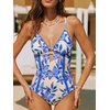 CUPSHE Women’s One Piece Swimsuit Plunging V Neck Shell Stitch Bathing Suit Self Tie Adjustable Cutouts Swimwear(Azure Blue/Floral)