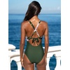 CUPSHE Women’s One Piece Swimsuit Tummy Control Deep V Neck Double Straps Crisscross Back Tie Bathing Suit(Olive Green/Floral)
