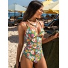 CUPSHE Women’s One Piece Swimsuit Tummy Control V Neck Bathing Suits(Green/Red Floral)
