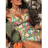 CUPSHE Women’s One Piece Swimsuit Tummy Control V Neck Bathing Suits(Green/Red Floral)