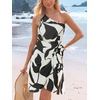 CUPSHE Women’s One Shoulder Leaf Print Self-tie Short Dress Sleeveless Tiered Hem Formal Dress Casual Mini Dress(Black Beige)