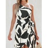 CUPSHE Women’s One Shoulder Leaf Print Self-tie Short Dress Sleeveless Tiered Hem Formal Dress Casual Mini Dress(Black Beige)