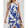 CUPSHE Women’s One Shoulder Leaf Print Self-tie Short Dress Sleeveless Tiered Hem Formal Dress Casual Mini Dress(Blue Beige)